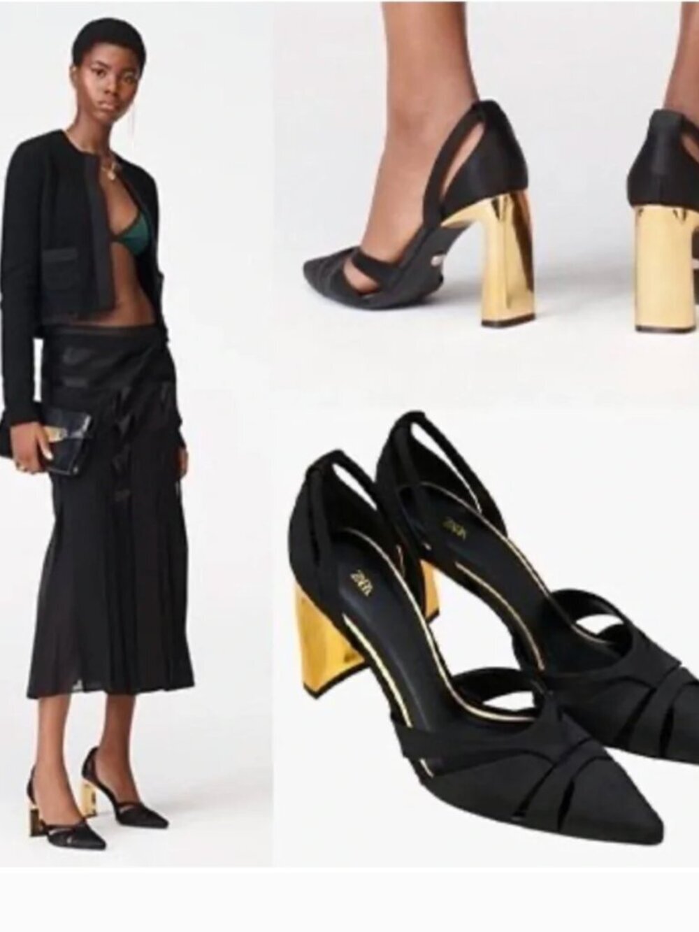 Zara High Heel Shoes Satin Pointed Toe Sculpture Metallic Heel Gold Black 5.5 36